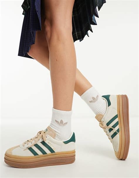 adidas originals gazelle bold platform trainers in cream and green with gum sole